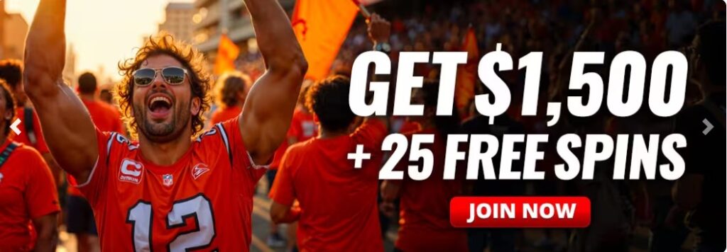 Excited sports fan in orange football jersey celebrating in a packed stadium beside bold text advertising an online casino welcome bonus of $1,500 and 25 free spins with a red Join Now button.