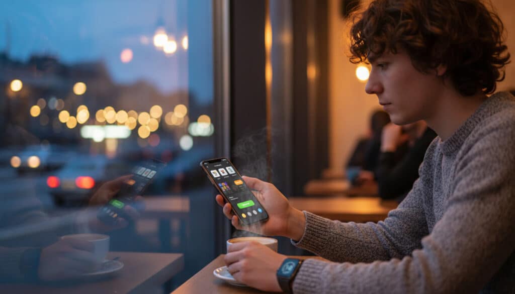 Everygame Casino mobile experience in 2025 shown on a smartphone with slots, sportsbook, poker, and crypto withdrawals, photographed in a cozy café at dusk.