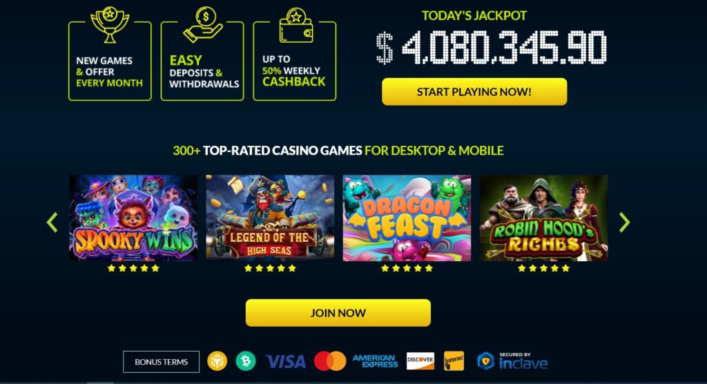 Online casino banner with $4,080,345.90 jackpot, "Start Playing Now" CTA, four top-rated game tiles, payment icons, and security badge.