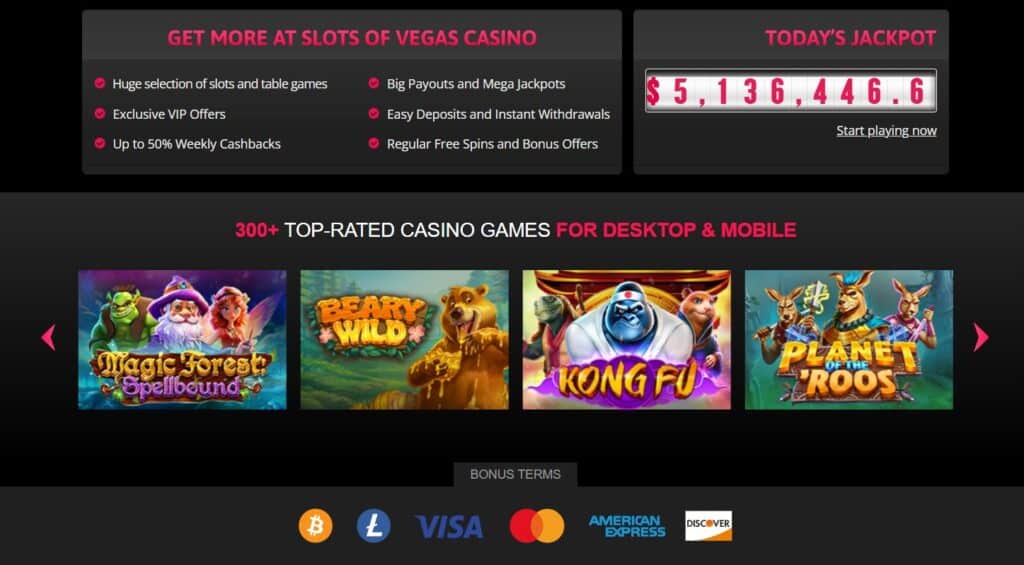 Slots of Vegas Casino promotional banner showing a $5,136,446.60 jackpot, VIP offers, up to 50% weekly cashbacks, featured slot games, and payment icons for Bitcoin, Litecoin, Visa, Mastercard, AmEx, and Discover.
