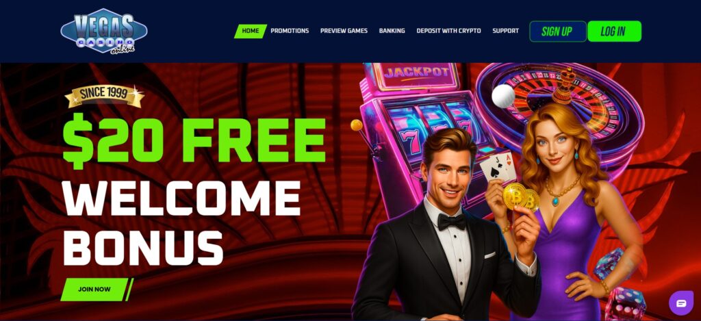Vegas Casino Online homepage banner showing a bright red and neon casino background with a large "$20 FREE WELCOME BONUS" headline, “Since 1999” badge, a “Join Now” button, and two glamorous casino characters standing in front of a slot machine and roulette wheel holding playing cards and Bitcoin coins.